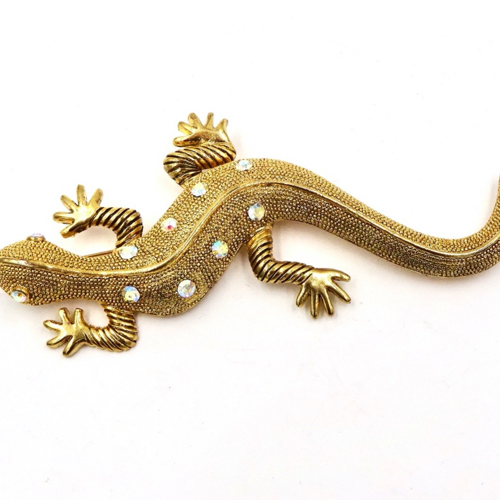 RHINESTONE LIZARD PIN BROOCH Gold Tone Salamander Gecko - Picture 5 of 8